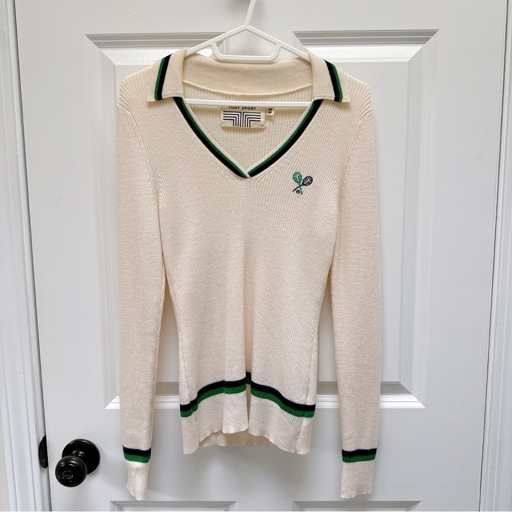 Tory Burch Sport Ribbed Merino Polo Sweater